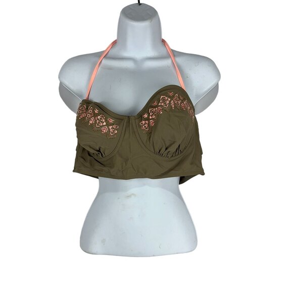 Candies Swim XL Olive Bikini Top With Peach Embroidery & Halter Straps - Picture 1 of 7